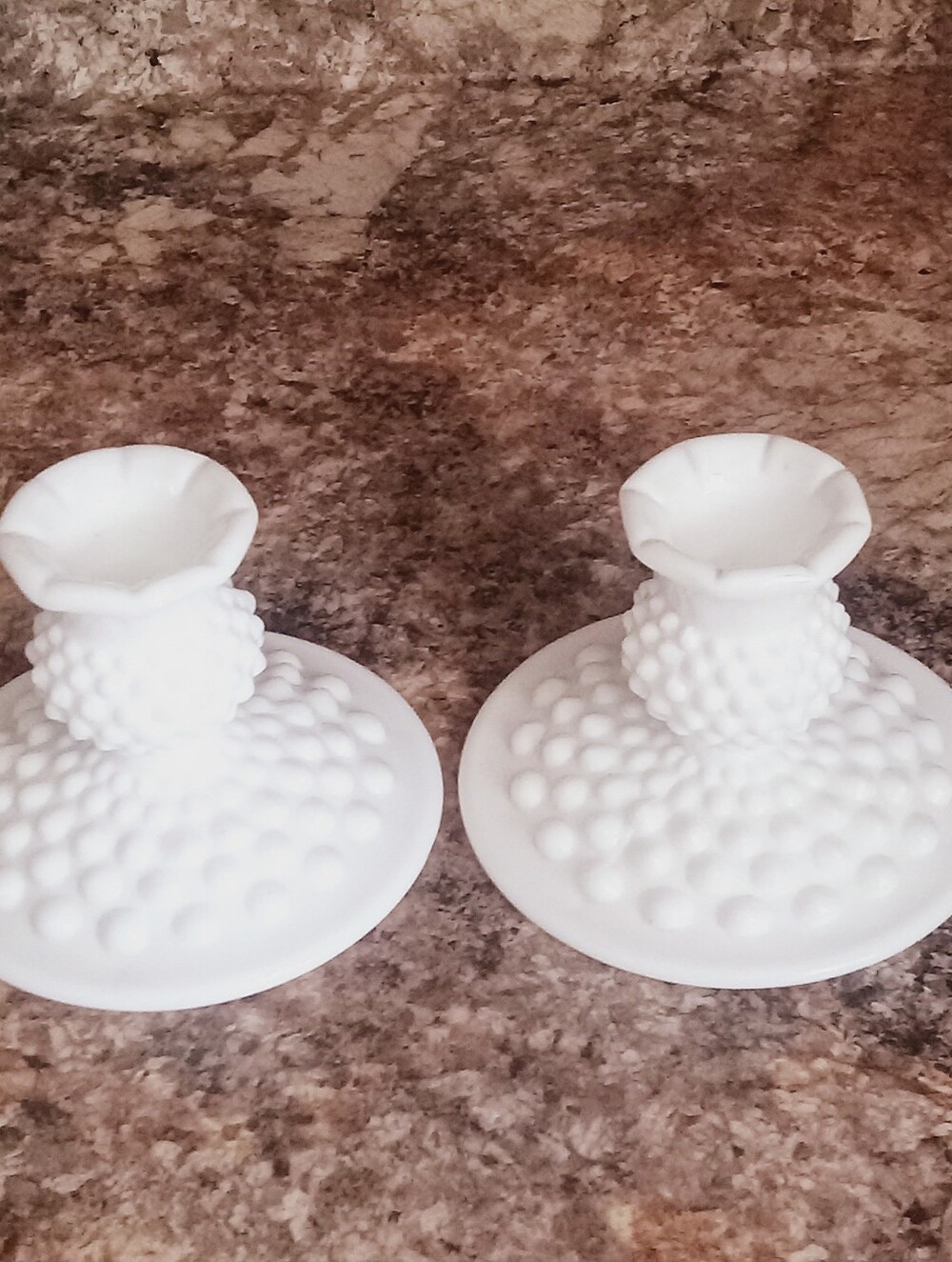 Vintage Fenton White Milk Glass Hobnail  Candle Stick Holder Set Of Two
